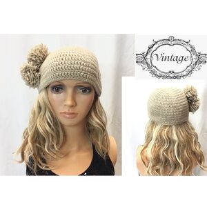 Vintage Hand Made Boho Tan Crochet Tassel Ball Winter Hat Beanie One Size